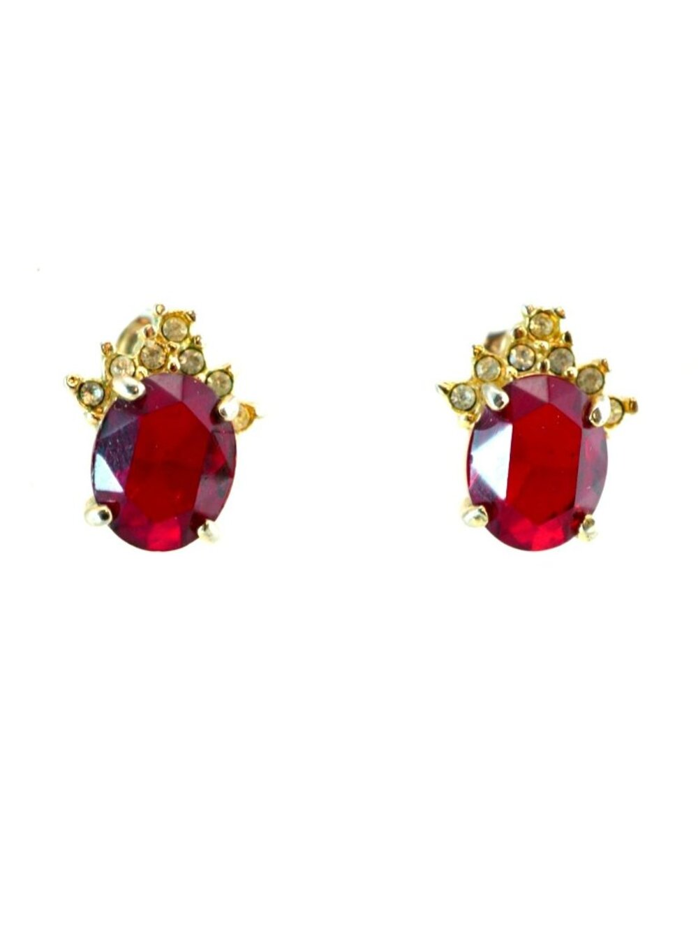 Vintage Red Oval Faceted Glass Stud Earrings Gold Tone Clear Accent